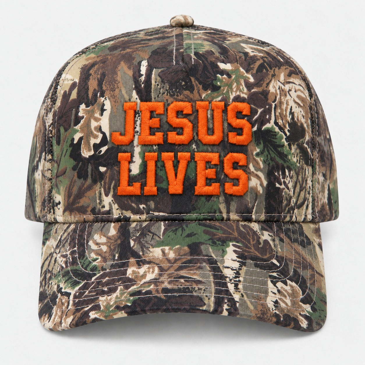 JESUS LIVES camo hat in Realtree camo with orange embroidery